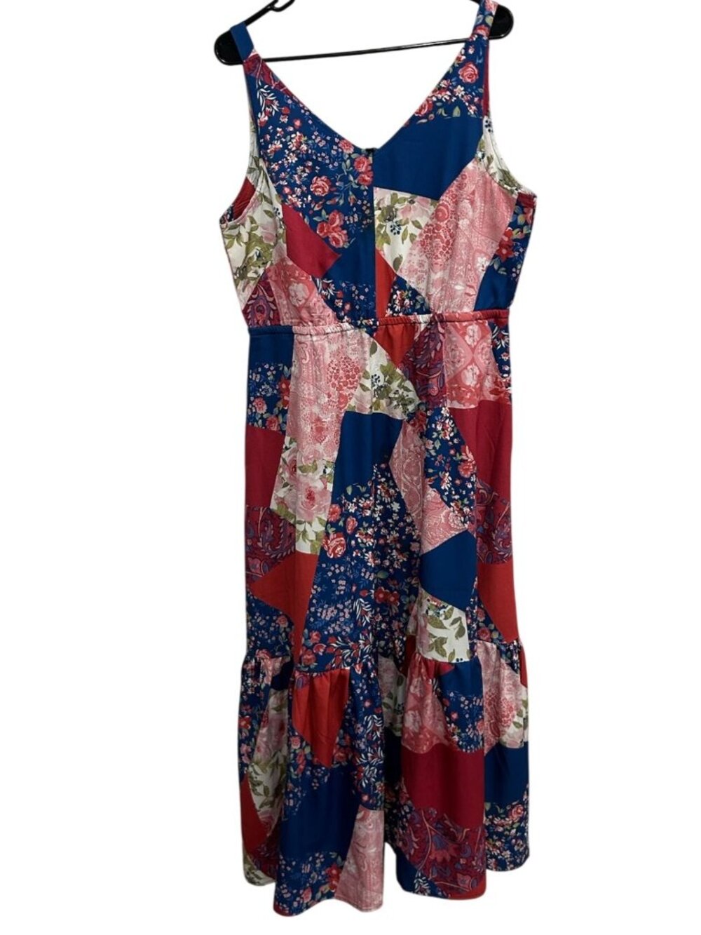 DG2 Large Red Blue Patchwork Floral Sleeveless V-Neck Maxi Dress Boho Chic